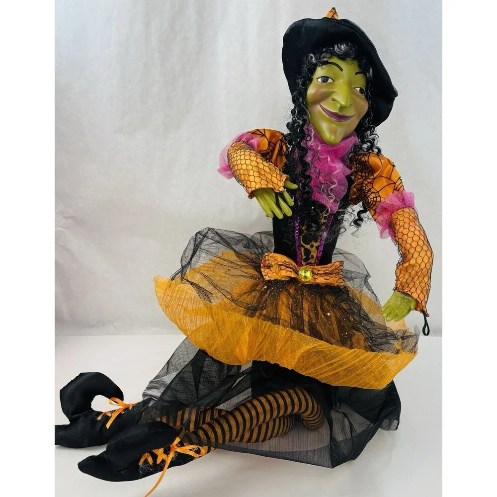 Vintage Halloween Witch Doll Shelf Sitter 30” Decor Orange Black Spooky Cute!